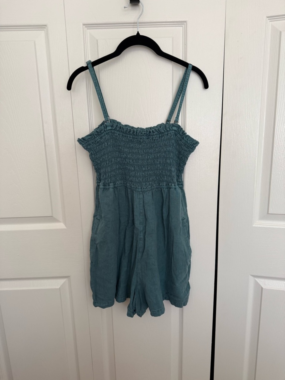 By Anthropologie Smocked denim Romper with removable / adjustable straps